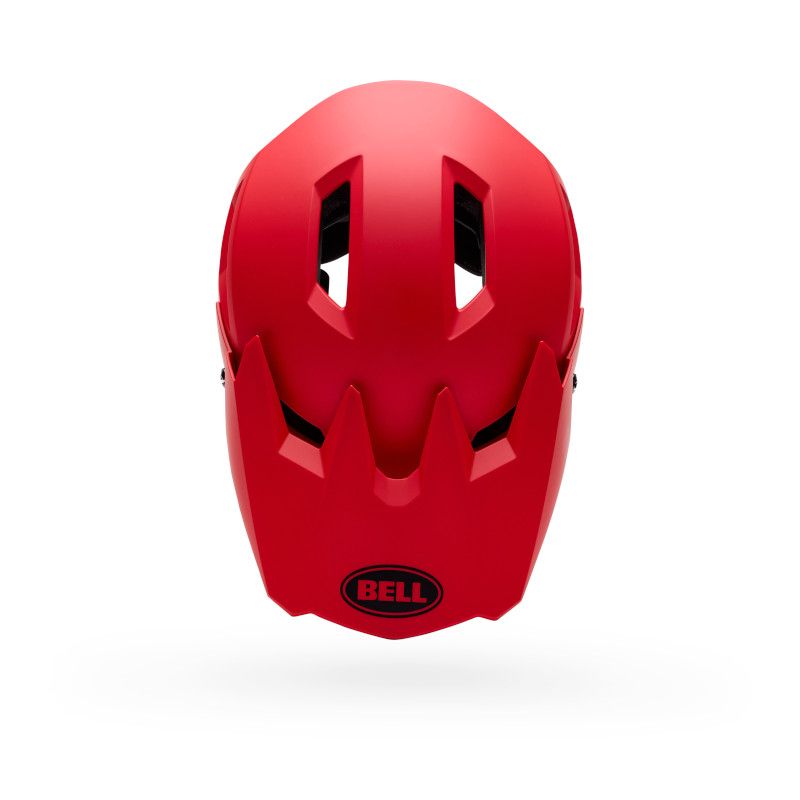 Top view of the Bell Sanction 2 Red helmet, featuring black ventilation slits and the Bell logo on the front—perfect as an entry-level option for young riders.