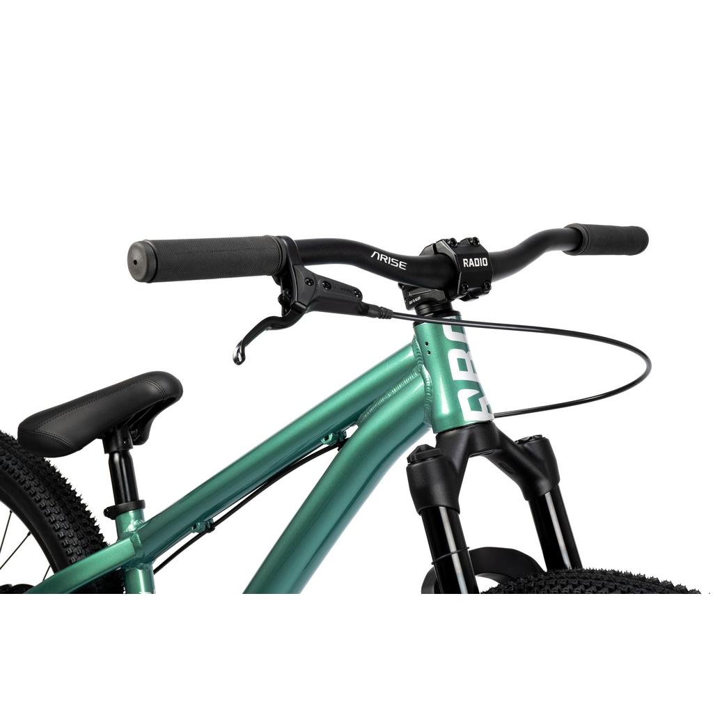 Close-up view of the handlebar, front brake lever, frame, and saddle of the Radio Griffin 24 Inch Dirt Jumper Bike against a white background.