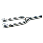 The Hoffman Superfork Forks are chrome BMX forks with a welded joint, strong dropouts at the ends, and a small decal near the base.