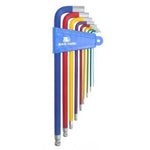 Hex/Allen Key Set Coloured, featuring ball-end wrenches of varying sizes, neatly arranged in a blue holder labeled "Bike Hand.