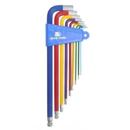 Hex/Allen Key Set Coloured, featuring ball-end wrenches of varying sizes, neatly arranged in a blue holder labeled "Bike Hand.