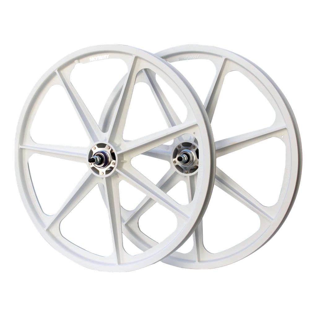 A pair of white Skyway Tuff II Rivet 24 Inch Wheelset on a white background.