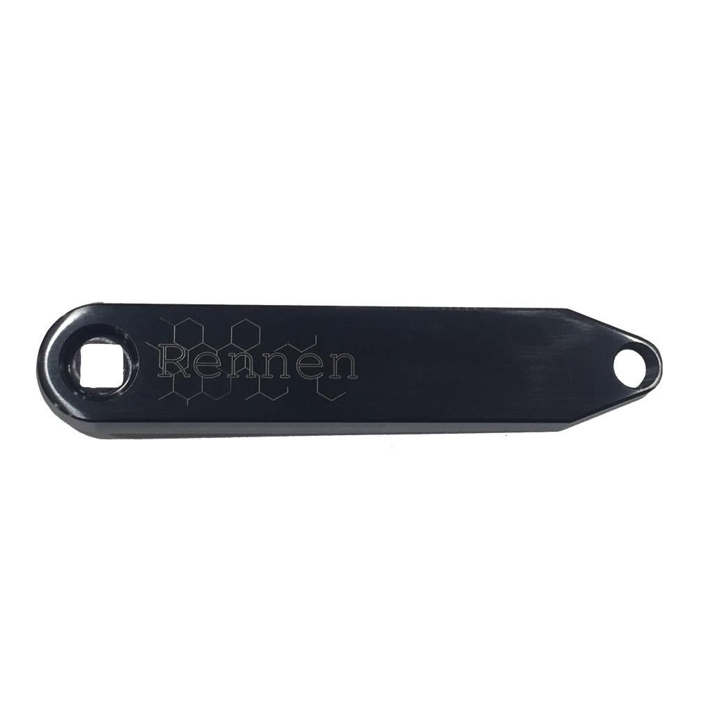 Crafted from high-strength 7075-T6 Aluminum, the black metal lever features the word “Rennen” and a distinctive hexagonal pattern engraved into its surface. Its design incorporates a square hole on the left and a round hole on the right, echoing key elements of the Rennen Hive Mini Square Tapered Cranks—one of the lightest square taper crank options available.