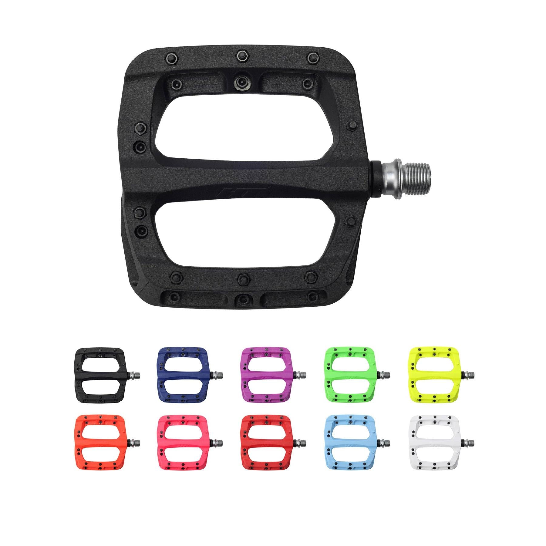 Discover the HT PA03A Pedals, available in a vibrant array of colors: black, red, purple, pink, green, blue, orange, light blue, and white. Made from nylon-reinforced composite with replaceable SAP pins for durability and presented in a convenient grid layout for easy selection.