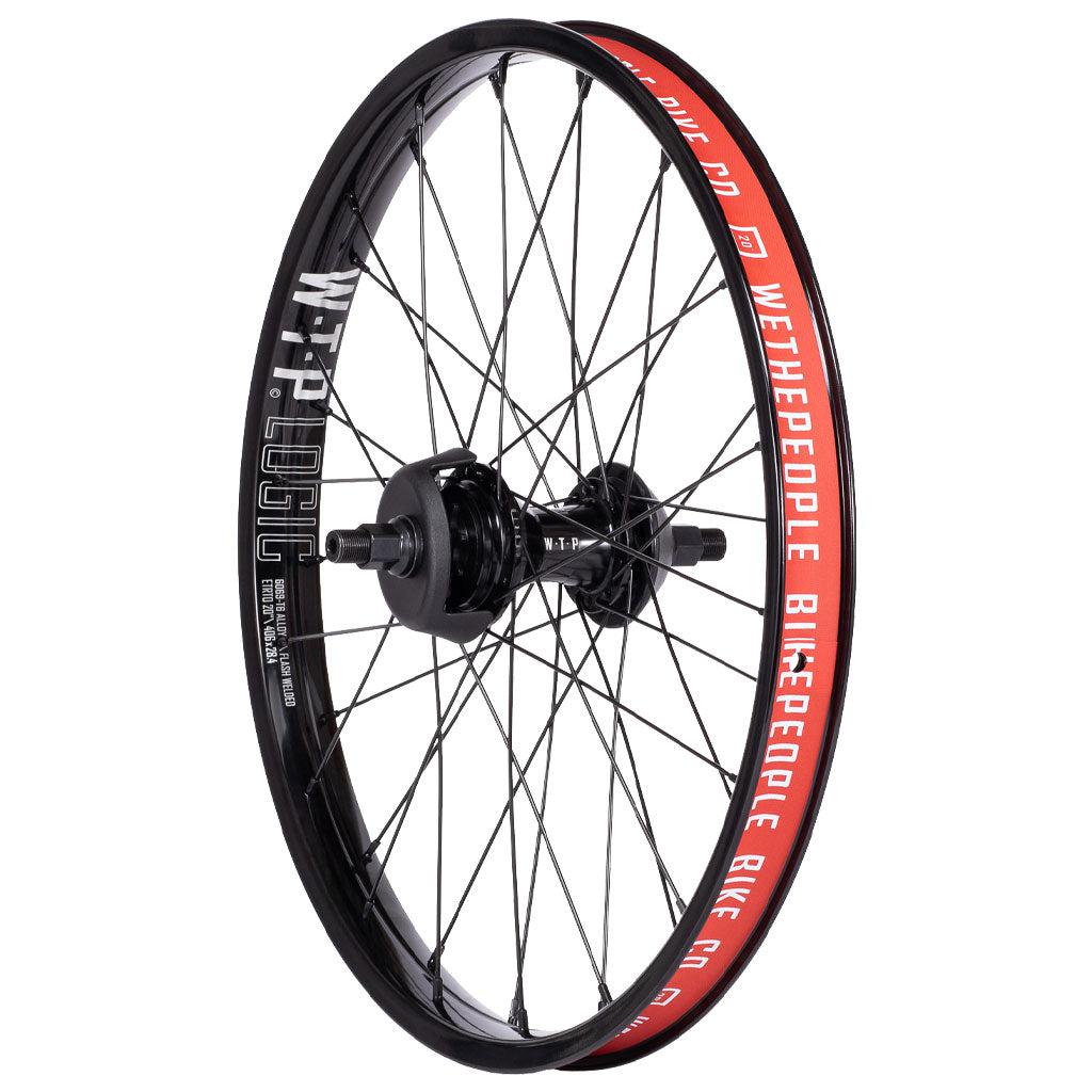 A black Wethepeople Hybrid Freecoaster Wheel, featuring a red and black rim with the labels "Wethepeople" and "Logic" on the sides, multiple spokes, and a hybrid hub.