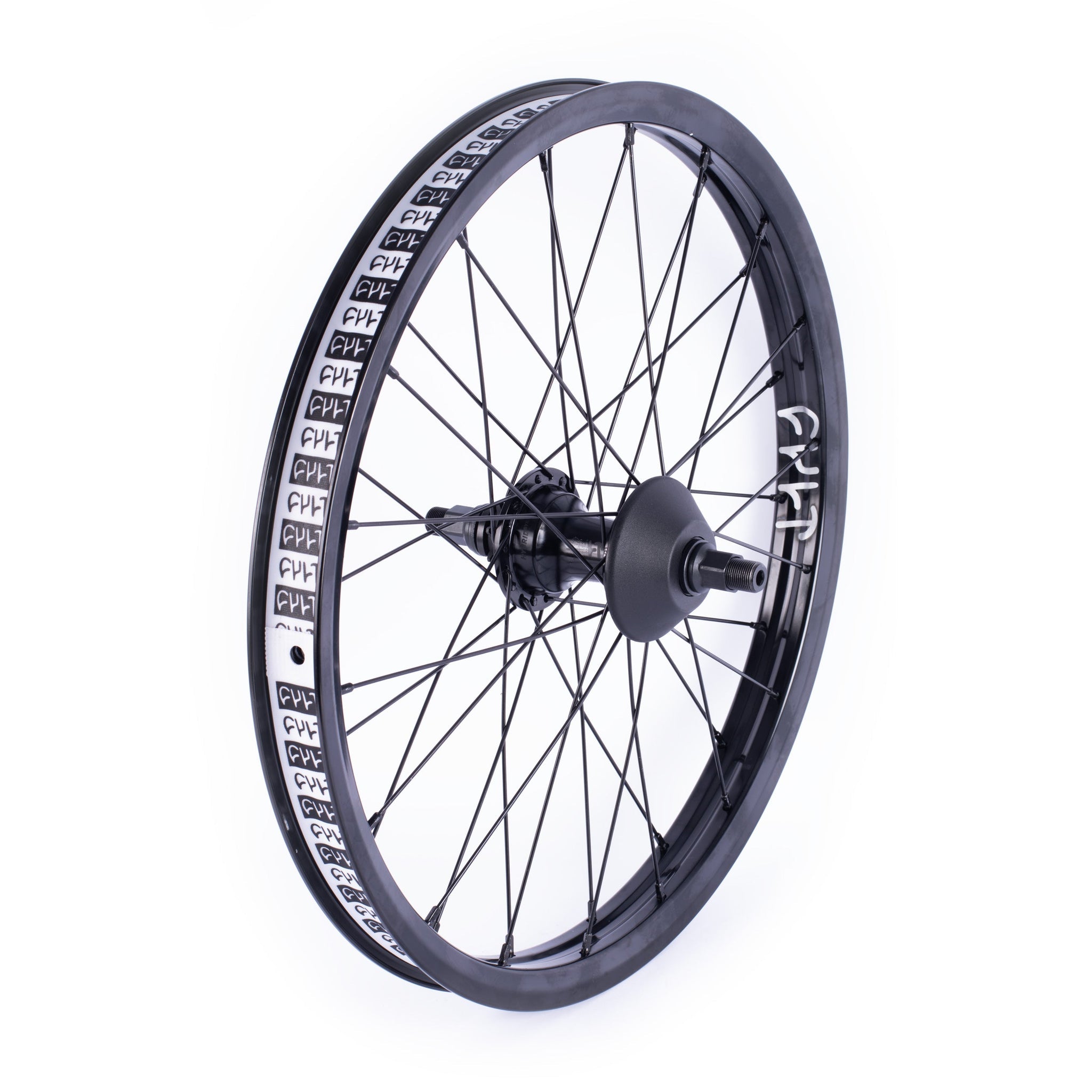 The Cult Hybrid FC Wheel is a black BMX hybrid featuring a Match V2 rim, multiple spokes, and a central hub, shown on a white background.