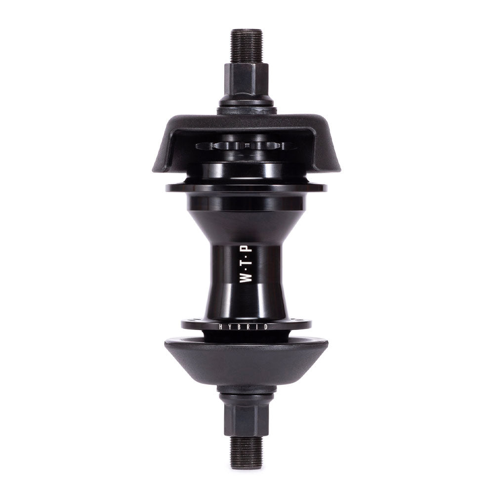 The Wethepeople Hybrid Hub is a black cassette hub featuring the "WTP" logo, bolts on each end, flanges on both sides, and the patented Magnetic Pawl Retention System. It's displayed against a white background.