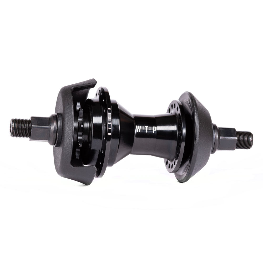 The Wethepeople Hybrid Hub is a black BMX freecoaster hub with visible axles and flanges, designed for a bicycle. This symmetric hub features center branding and uses a patented magnetic pawl retention system for optimal performance.