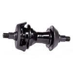 The Wethepeople Hybrid Hub is a black BMX freecoaster hub with visible axles and flanges, designed for a bicycle. This symmetric hub features center branding and uses a patented magnetic pawl retention system for optimal performance.