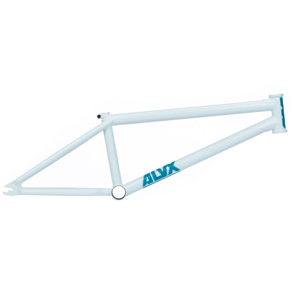 A white BSD ALVX AF Frame (2020) with blue lettering, featuring a rear end and chain tensioners.