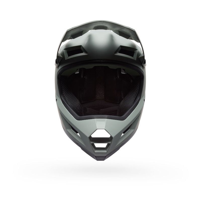Front view of the Bell Sanction 2 Dark Grey, a matte full-face helmet with ventilation openings and padded interior, ideal for entry-level riders.