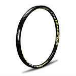 A black IKON ALLOY RIM (20 x 1.75 BRAKE) with yellow lettering on it, featuring a brake surface.