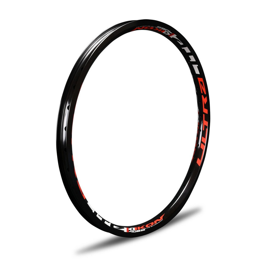 A black and red IKON ALLOY RIM (20 x 1.75 BRAKE) BMX racing bicycle rim.