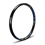 A black IKON ALLOY RIM (20 x 1.75 BRAKE) with blue lettering on it, designed for BMX racing.