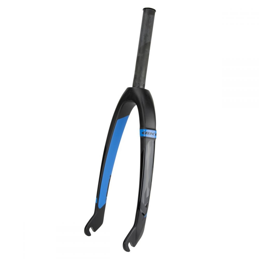 The Ikon Junior 20 Inch 10mm Carbon Fork is a lightweight bicycle front fork with a black and blue color scheme, featuring a carbon steerer tube ideal for BMX racing.