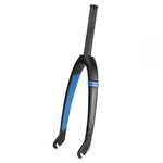 The Ikon Junior 20 Inch 10mm Carbon Fork is a lightweight bicycle front fork with a black and blue color scheme, featuring a carbon steerer tube ideal for BMX racing.