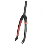 Ikon Junior 20 Inch 10mm Carbon Fork in red and black, featuring a lightweight carbon fiber steerer tube, ideal for BMX racing.