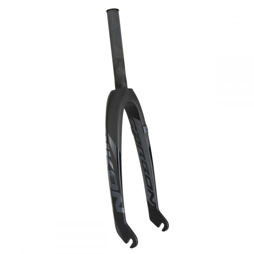 The Ikon Junior 20 Inch 10mm Carbon Fork is a lightweight black bicycle fork featuring graphics and a tapered steerer tube, expertly designed for road cycling.
