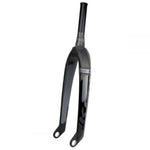 The Ikon Pro 20 Inch 20mm Tapered Carbon Fork boasts a sleek black design made from premium Toray UD carbon fiber, featuring a tapered steerer tube and equipped with mounting points for disc brakes.
