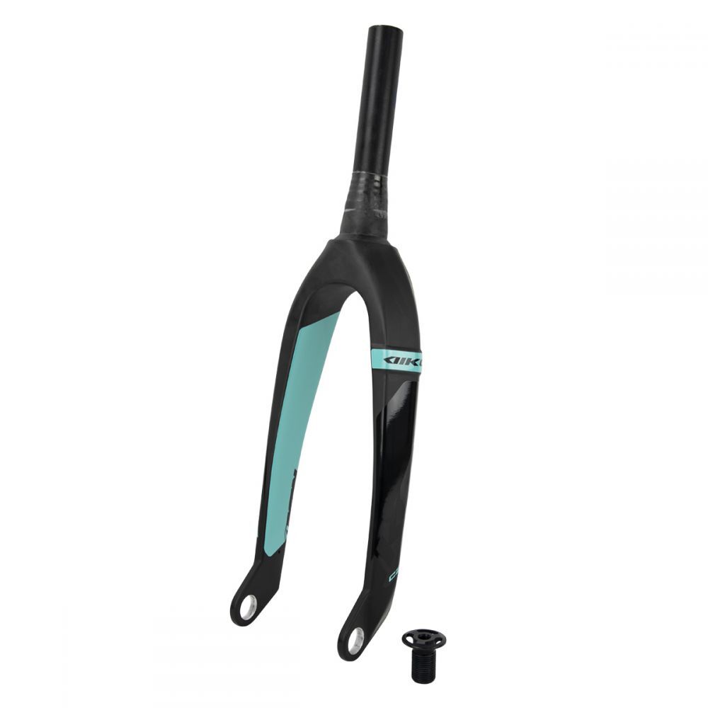 The Ikon Pro 20 Inch 20mm Tapered Carbon Fork boasts a stylish design in black and teal, made from Toray UD carbon fibre. Equipped with an attached bolt, this bicycle fork is displayed upright on a white background, highlighting its strength and elegance.
