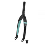 The Ikon Pro 20 Inch 20mm Tapered Carbon Fork boasts a stylish design in black and teal, made from Toray UD carbon fibre. Equipped with an attached bolt, this bicycle fork is displayed upright on a white background, highlighting its strength and elegance.