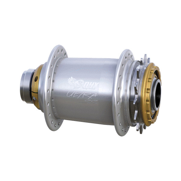 A custom-coloured Onyx BMX ULTRA SS OX-110/20mm Thru-bolt Rear Hub featuring a cylindrical silver and gold body with multiple spoke holes, an instant engagement mechanism, and visible ceramic hybrid bearings on the right side.