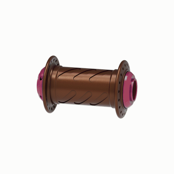 Shown against a white background, the Onyx BMX XL 100 Grooved Front Hub (Custom Colours) features a brown and pink cylindrical design with flanged ends and multiple holes. Precision-engineered from 7075 aluminium for durability, this hub is an excellent choice for high-performance BMX applications.
