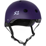 The S-One Helmet Mega Lifer Purple Matte is an Australian-certified helmet with a matte purple finish, ventilation holes, adjustable chin strap, side "S1" logo, and designed for high-impact protection.
