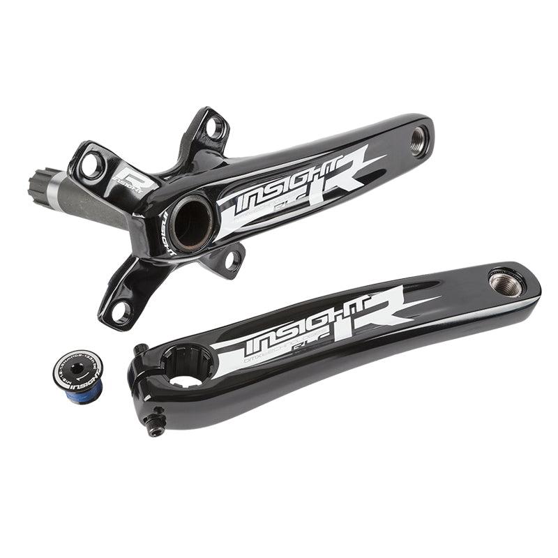 A pair of black Insight Cranks 2-Pce 4 Bolt handlebars and a handlebar clamp suitable for BMX riders.