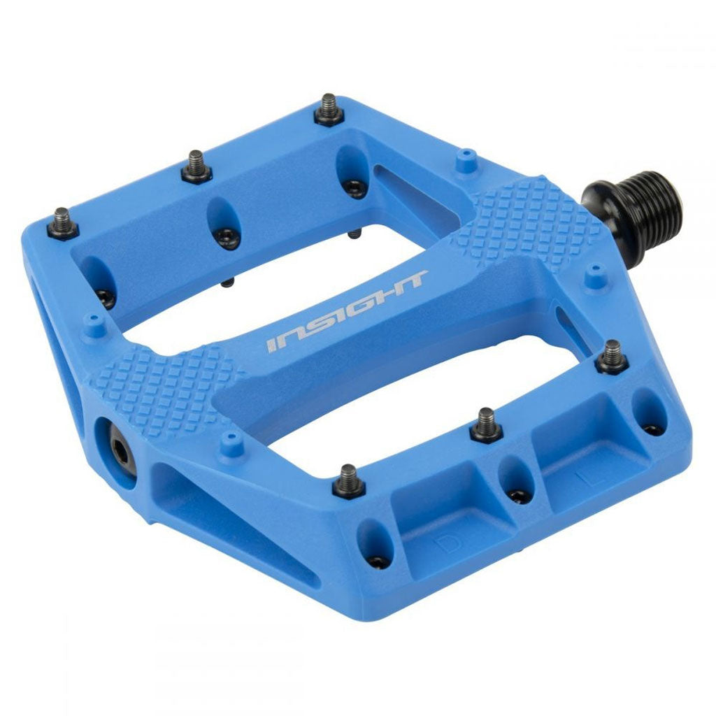 Blue Insight Thermoplastic Du Pedals with metal pins and branding "Insight", featuring a CNC Machined Cromo axle.
