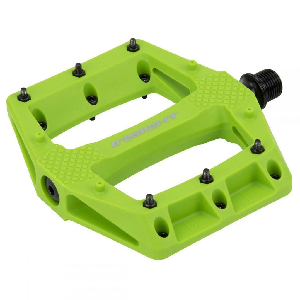 A neon green Insight Thermoplastic Du pedal with metal traction pins and CNC Machined Cromo axle, featuring branding on the body.