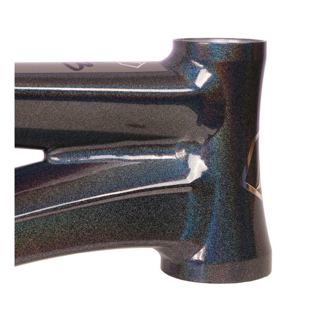 Close-up of a metallic blue and speckled Inspyre Concorde V3 Junior Frame bicycle frame junction, ideal for BMX race with its lightweight aluminium frame.
