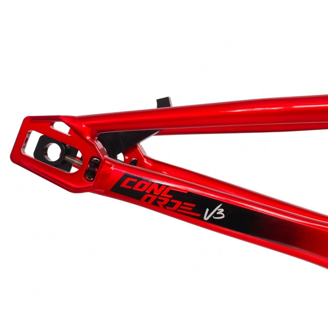 Close-up of a hydroformed aluminum Inspyre Concorde V3 Pro XXL BMX Race frame with the text "Inspyre Concorde V3 Pro XXL Frame" printed on it.