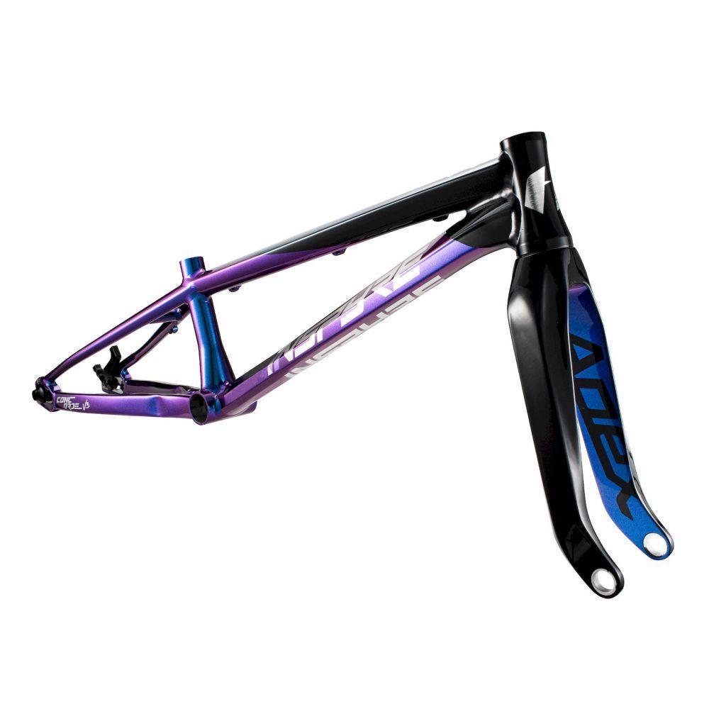 The Inspyre Concorde V3 Cruiser Pro XXL Frame/Fork Set (2026) features metallic purple and black hydroformed tubes and front fork, inspired by the Inspyre V3 design, shown isolated on a white background.