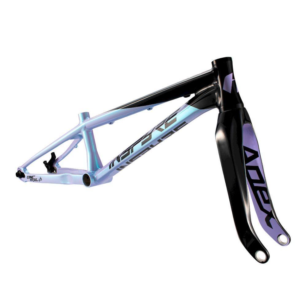 The Inspyre Concorde V3 Cruiser Pro XXL Frame/Fork Set (2026) features hydroformed tubes in an iridescent light blue and black finish, shown isolated on a white background.