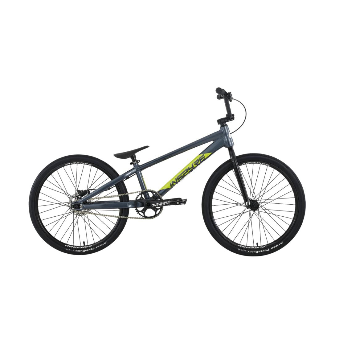 The Inspyre EVO Pro Cruiser Race Bike (2027) is displayed on a white background, featuring a gray and yellow frame with black handlebars, seat, and tires.