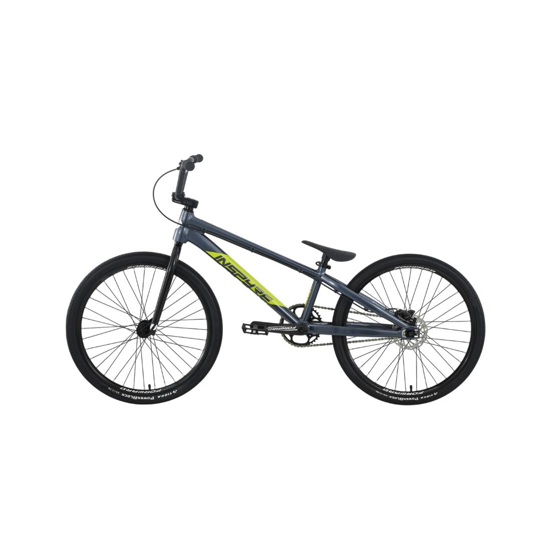 Inspyre EVO Pro Cruiser Race Bike (2027) in gray, featuring black wheels, straight handlebars, and a yellow-green logo on the frame, displayed in profile against a plain white background.