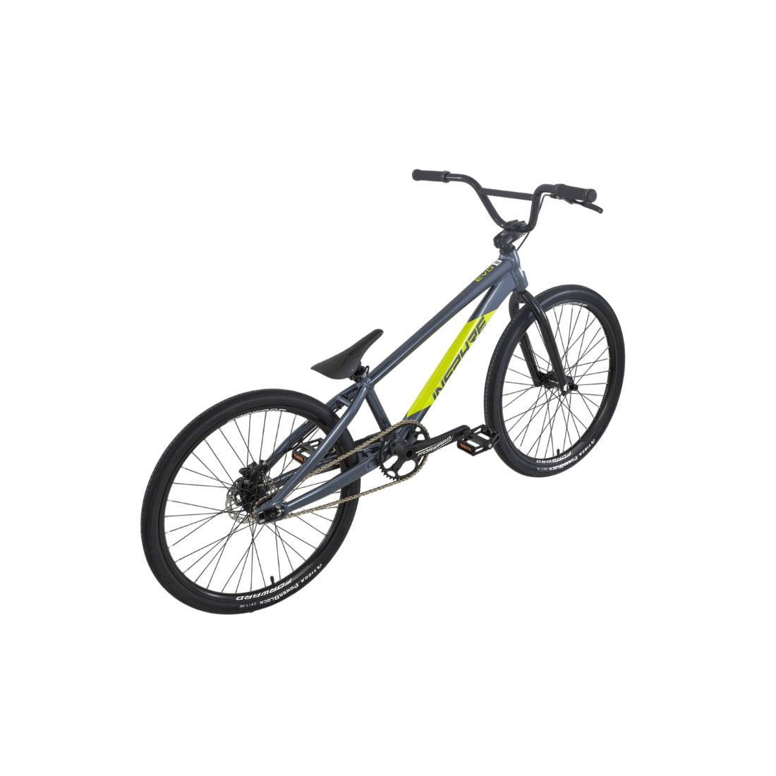A gray and yellow Inspyre EVO Pro Cruiser Race Bike (2027) with black handlebars and tires, viewed from a rear side angle on a white background.