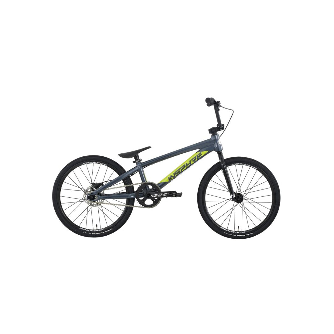 Side view of a black and gray Inspyre EVO Expert XL Race Bike (2027) with yellow accents, featuring a straight handlebar and thin tires, crafted from durable aluminium 6061-T6 for BMX racing performance, isolated on a white background.