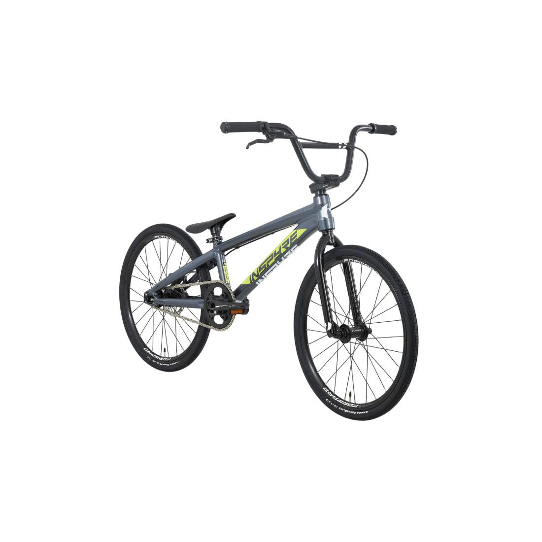 An Inspyre EVO Expert XL Race Bike (2027) in gray, featuring black tires, upright handlebars, and a yellow graphic on its aluminium 6061-T6 frame, displayed against a white background.