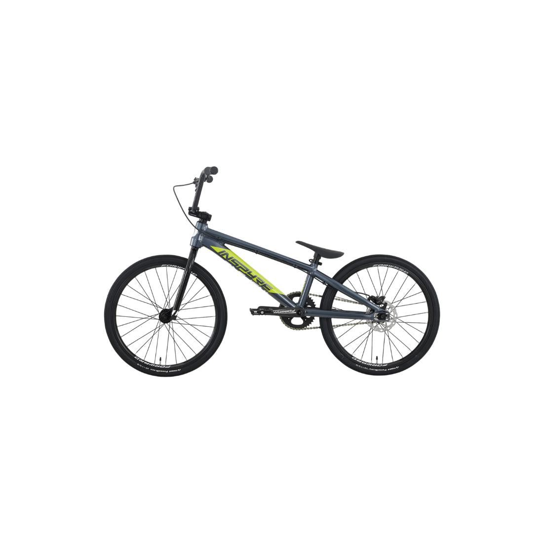 The Inspyre EVO Expert XL Race Bike (2027) showcases a dark aluminium 6061-T6 frame accented with striking yellow and green graphics, paired with black handlebars, seat, and tires. Displayed from the side against a white background, this BMX race bike impresses with its sleek design and vibrant detailing.