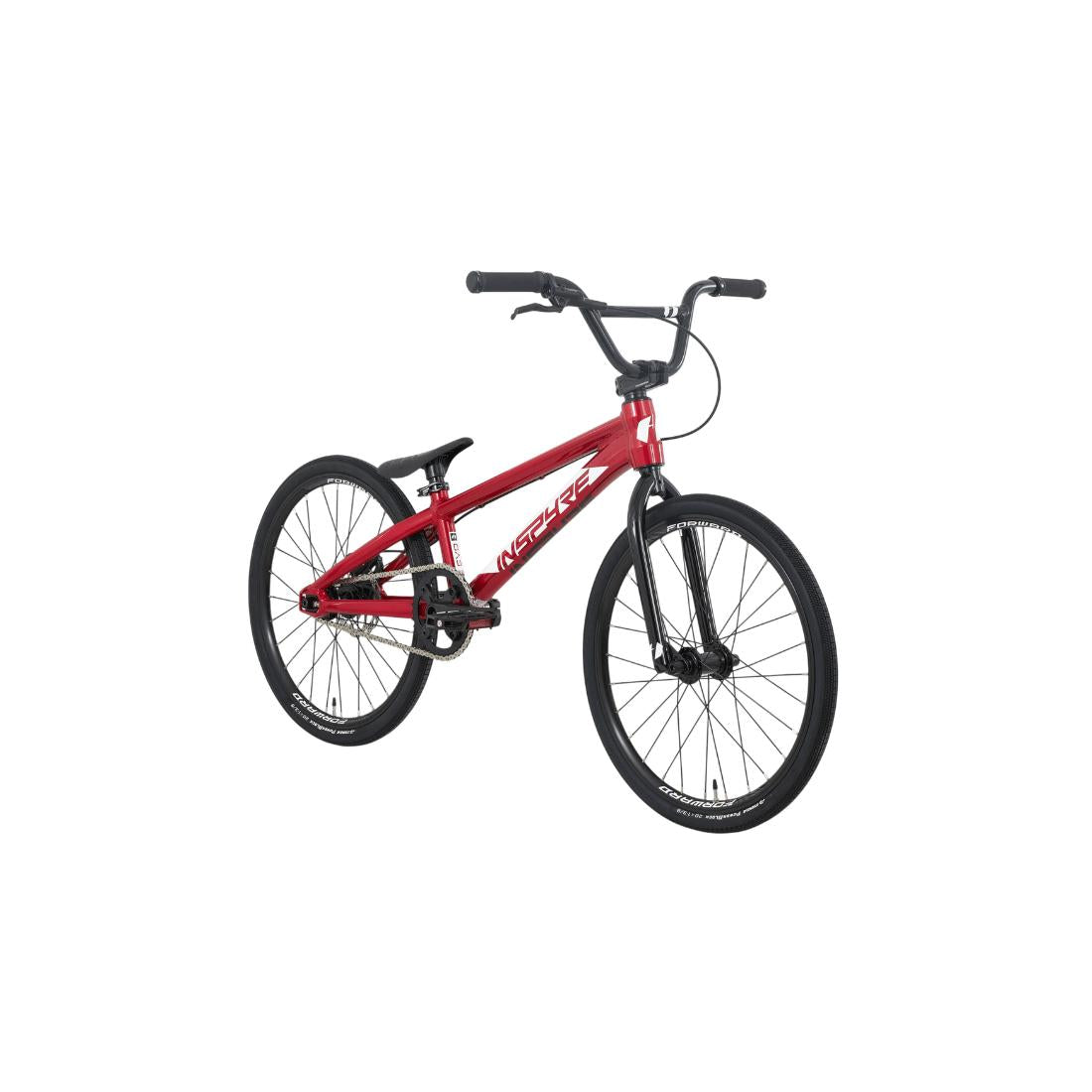 The Inspyre EVO Expert XL Race Bike (2027) in striking red showcases classic BMX-style lines and is expertly crafted from lightweight 6061-T6 aluminium, complemented by black handlebars, seat, and tires—ideal for BMX racing and shown against a plain white background.
