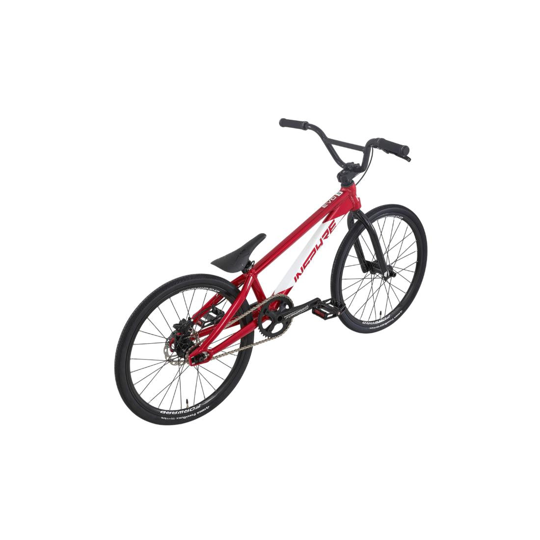 Inspyre EVO Expert XL Race Bike (2027) in red, featuring black handlebars, seat, and wheels, constructed from lightweight 6061-T6 aluminium and shown from a rear side angle against a plain white background.