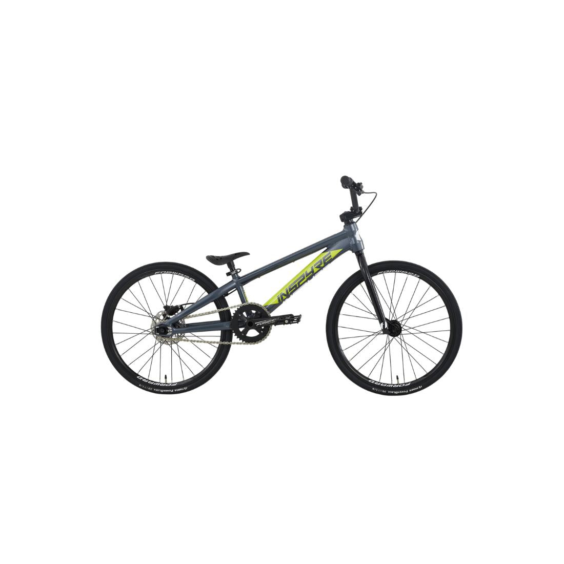 An Inspyre EVO Junior Race Bike (2027) in gray, constructed from lightweight aluminium 6061-T6 for BMX racing, featuring black wheels and a yellow logo, displayed in profile against a white background.