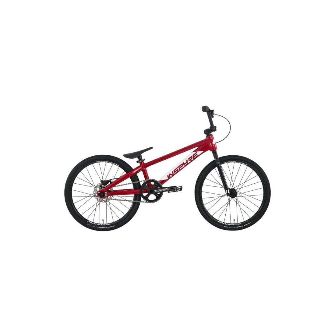 Here’s the revised sentence using your product data: The Inspyre EVO Junior Race Bike (2027) is shown in a side view on a white background, featuring a striking red frame made from durable aluminium 6061-T6 with the word “INSPIRE” emblazoned on it, complemented by black tires and handlebars—an excellent choice for BMX racing enthusiasts.