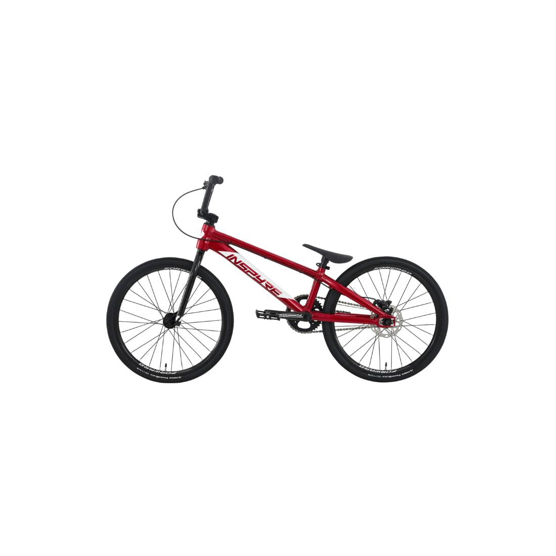 The Inspyre EVO Junior Race Bike (2027), crafted from lightweight aluminium 6061-T6, features black handlebars, pedals, and wheels. Shown in profile against a plain white background, this BMX-style bicycle is built for BMX racing.