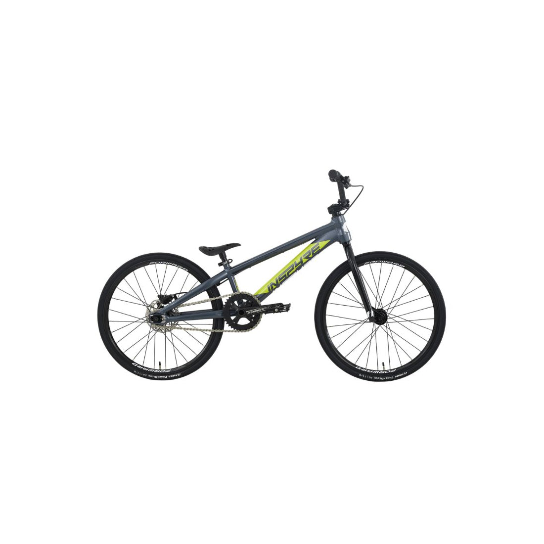 Side view of the Inspyre EVO Mini Race Bike (2027) BMX featuring a durable aluminium 6061-T6 gray frame with yellow accents, black seat, and black wheels, beautifully displayed on a plain white background. Ideal for BMX racing enthusiasts looking for top performance and style.