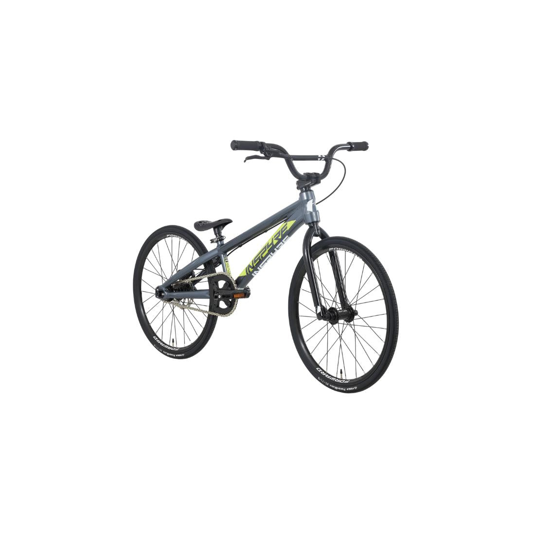 The Inspyre EVO Mini Race Bike (2027) in black and gray with yellow accents is displayed at an angle against a plain white background, showcasing its aerodynamic design and robust aluminium 6061-T6 frame—ideal for BMX racing enthusiasts.