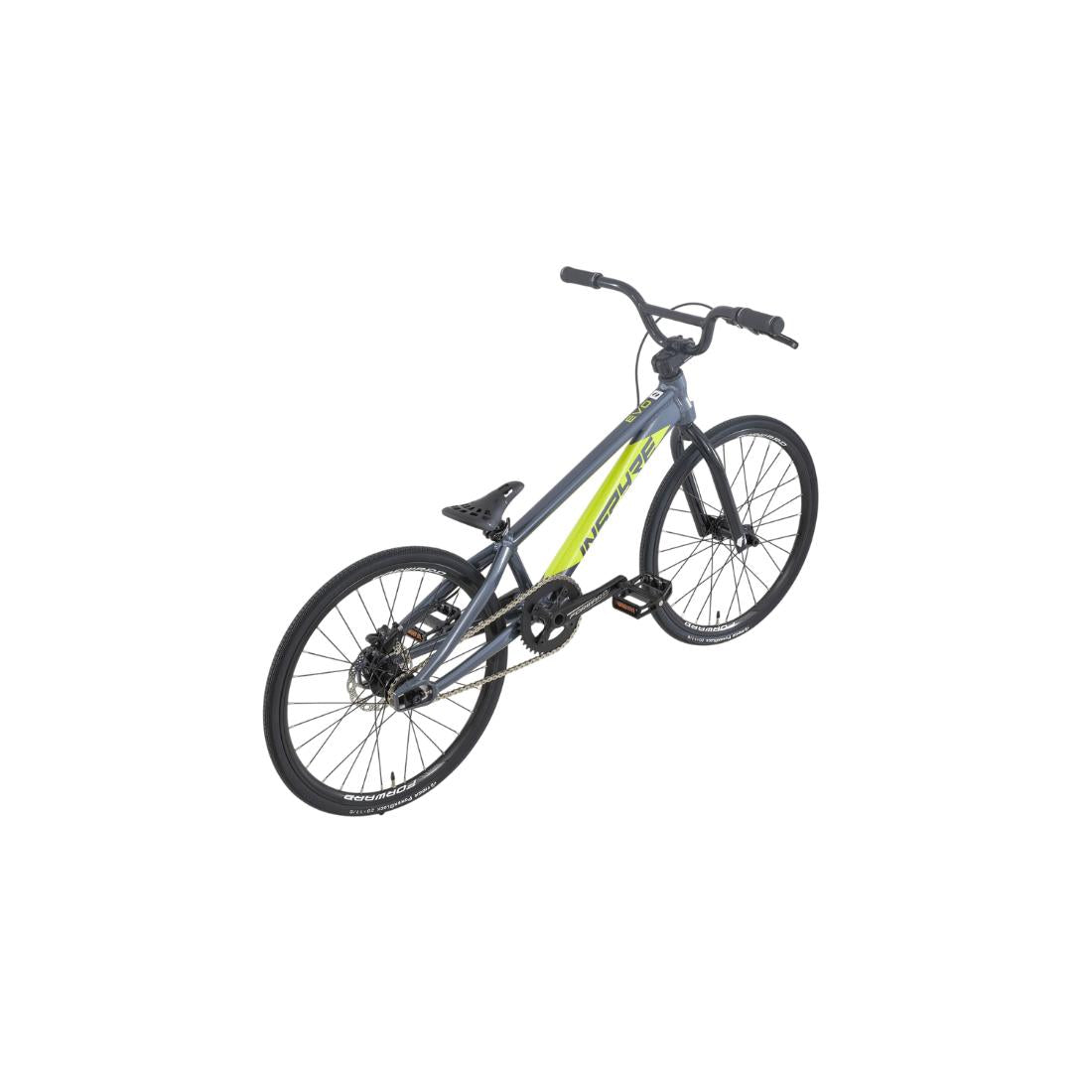 The Inspyre EVO Mini Race Bike (2027), shown in blue and yellow on a white background, is a BMX racing bike featuring durable black handlebars, seat, and wheels. Its lightweight aluminum 6061-T6 frame offers riders an excellent balance of style and performance.