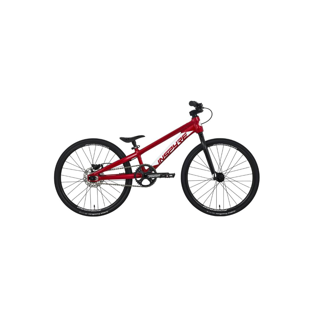 Side view of the Inspyre EVO Mini Race Bike (2027) in red, featuring black wheels and “INSPIRE” written on its durable aluminium 6061-T6 frame, displayed on a white background—an ideal pick for BMX racing enthusiasts.